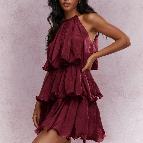 Burgundy Boho Women's Tiered Ruffle Halter Neck Mini Dress - Picture 1 of 4